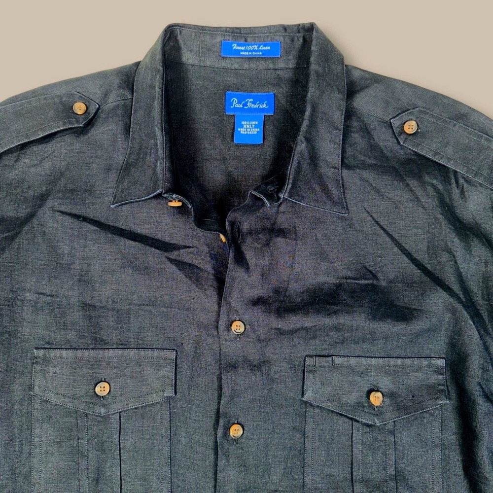 Paul Fredrick Mens 100% Linen Safari Shirt Black Long Sleeve XXLT Tall Epaulets